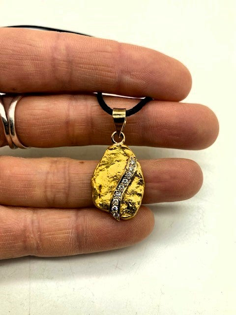 Natural Gold Nugget w 9 Diamonds Scroll Pendant