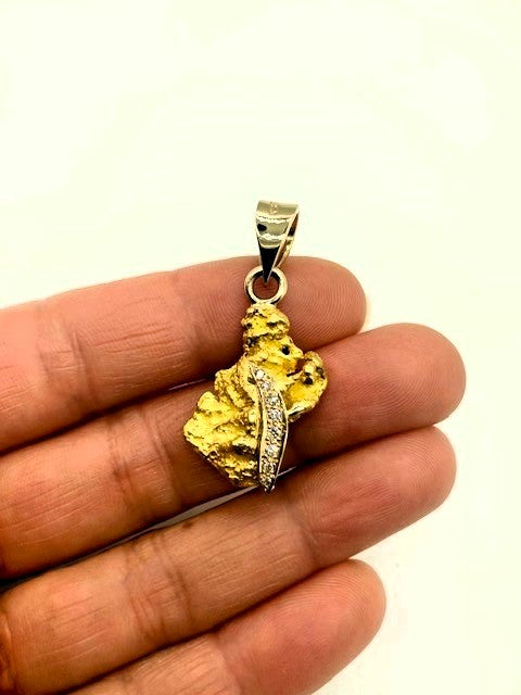 Natural Gold Nugget w Diamonds Scroll Pendant