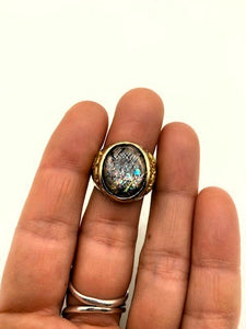 Natural Gold Nugget Inlay Ring with Rainbow Lattice Sunstone