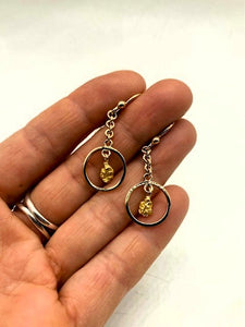 Natural Gold Nugget Circle w Chain Drop Earrings