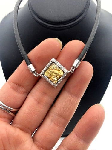 Natural Gold Nugget Diamond Shaped Inlay Pendant w Diamonds