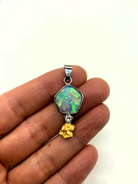 Natural Gold Nugget Diamond & Opal Pendant