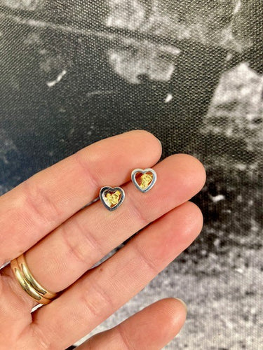 Natural Gold Nugget Silver Heart Studs