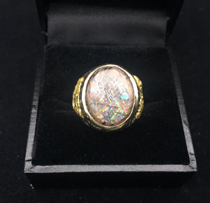 Natural Gold Nugget Inlay Ring with Rainbow Lattice Sunstone